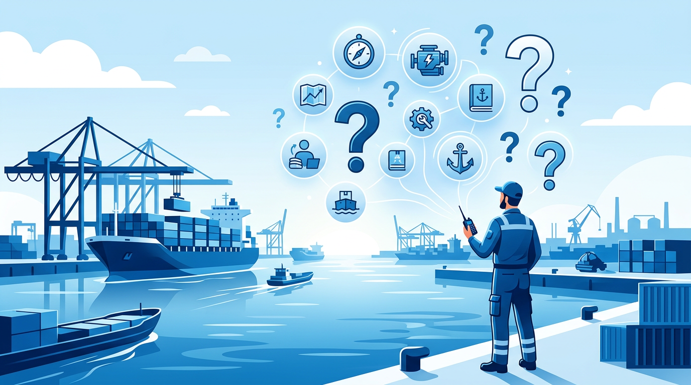 Hafenschiffer studiert den Rahmenlehrplan auf einem Tablet, fokussiert, im Hintergrund Docks und ein großes Containerschiff, Prüfungsvorbereitung.