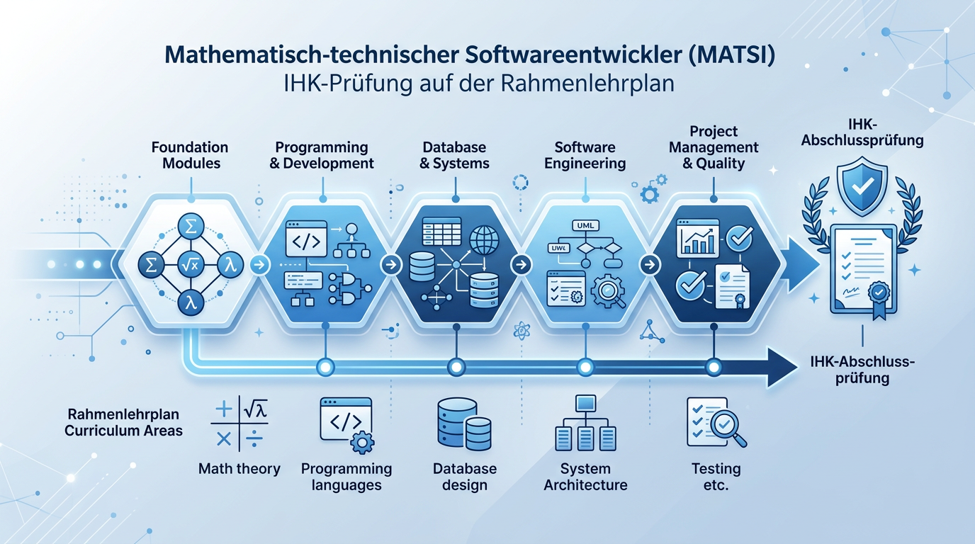 Ein konzentrierter Student, umgeben von Studienmaterialien, liest einen Lehrplan für die Prüfungsvorbereitung zum Mathematisch-technischen Softwareentwickler, mit Fokus auf mathematische und informatische Inhalte.