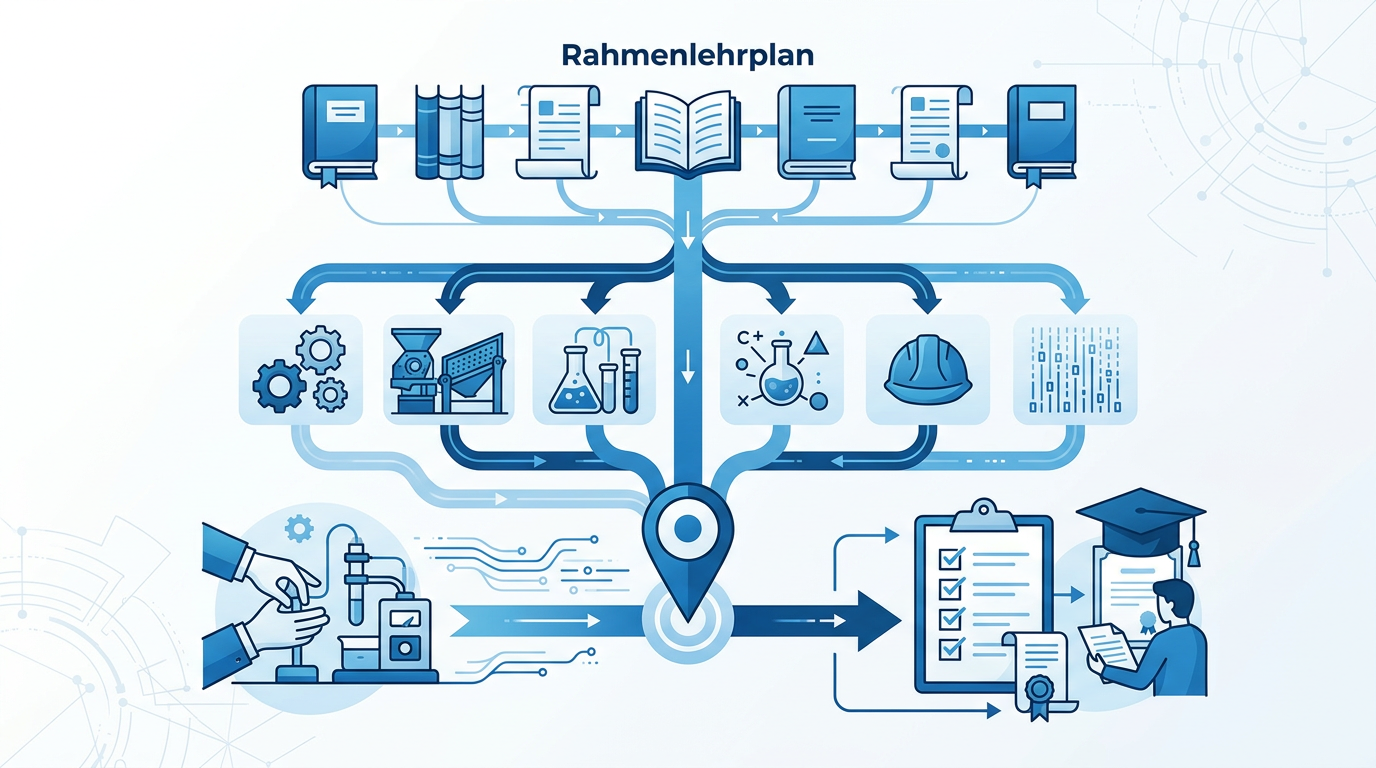 Junger Mann konzentriert sich auf technische Zeichnungen für die Prüfung der Aufbereitungsmechaniker, umgeben von Maschinen der Aufbereitungstechnik.