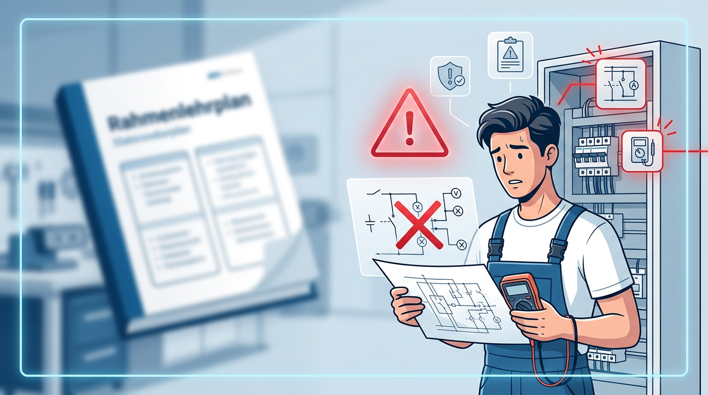 Junger Elektroanlagenmonteur studiert konzentriert den Rahmenlehrplan, um Schaltpläne und Werkzeuge. Prüfungsvorbereitung für Elektroberufe.