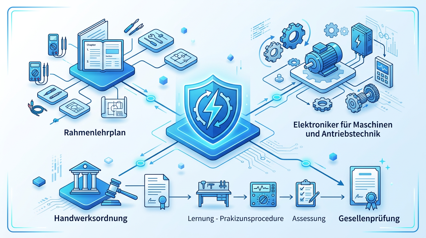 Junger Elektroniker Azubi, konzentriert bei der Arbeit an einem großen Elektromotor, Werkzeuge und Schaltpläne liegen bereit, umgeben von modernen Maschinen, im Kontext der Prüfungsvorbereitung.
