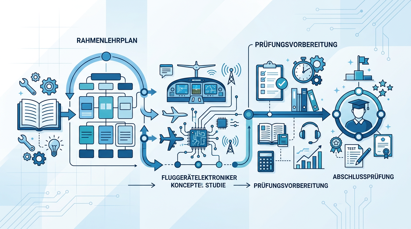Junger Mann konzentriert sich auf Schaltpläne und den Rahmenlehrplan für Fluggerätelektroniker, prüfungsvorbereitend, am Schreibtisch.