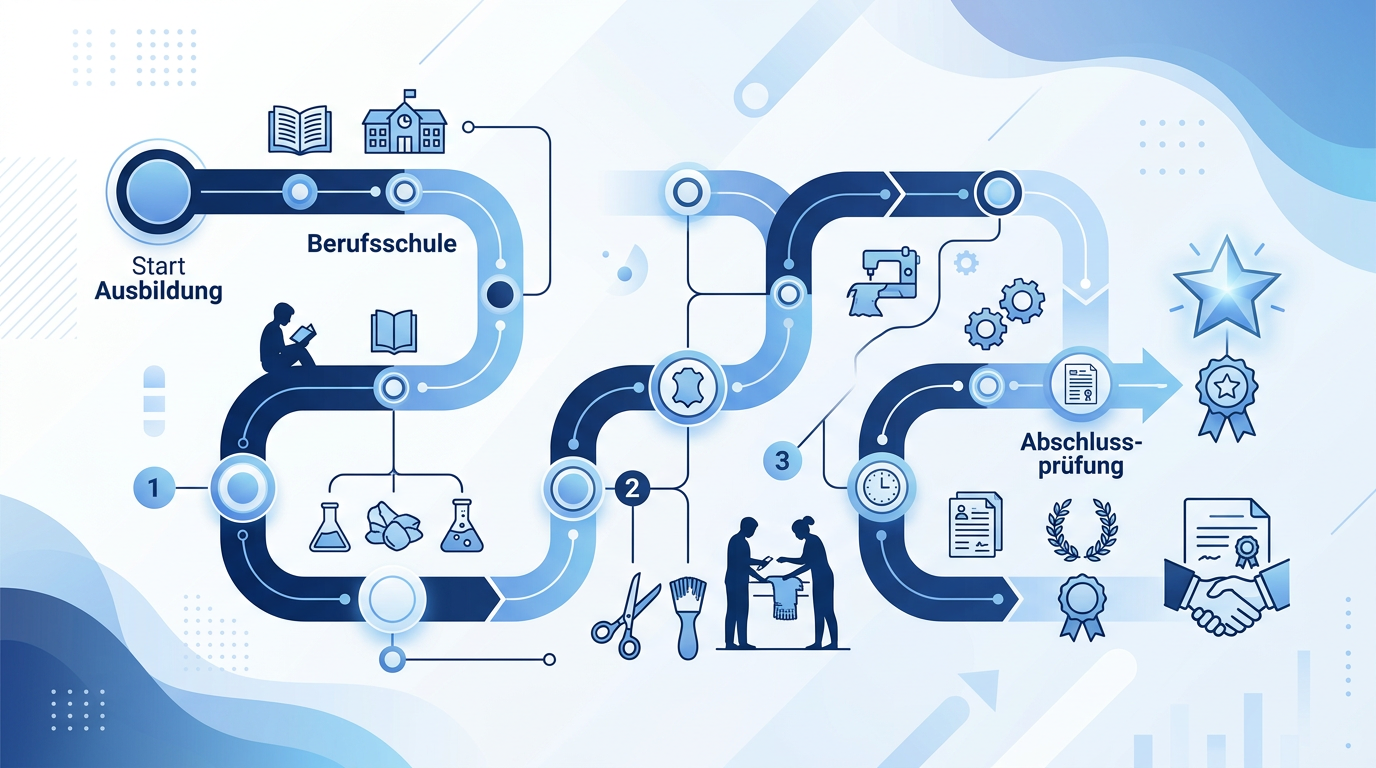 Junge Person konzentriert sich auf den Rahmenlehrplan für Pelzveredler, umgeben von Diagrammen zu Fellarten, Verarbeitungsschritten und Sicherheitsvorschriften, Pelzveredlerprüfung.