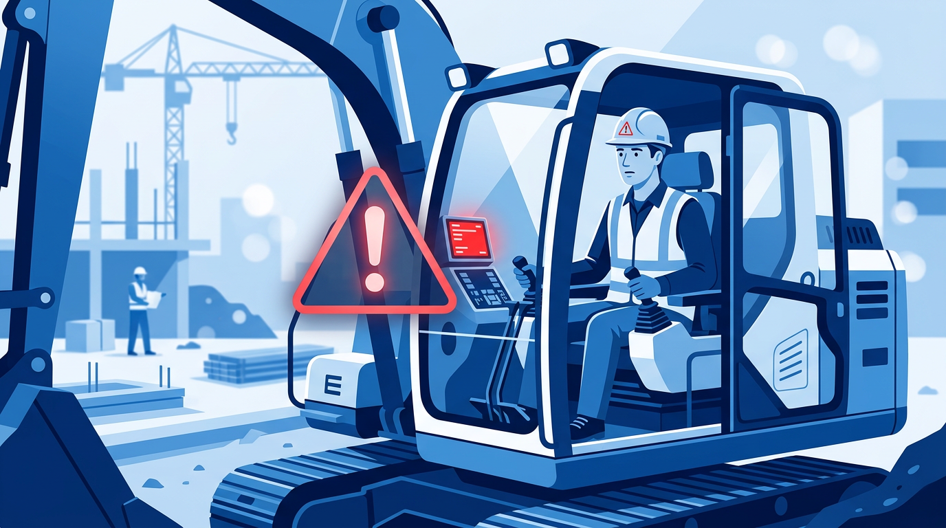Junger Mann konzentriert sich auf ein technisches Diagramm für Baumaschinen, im Hintergrund eine Baustelle, wichtig für die Prüfungsvorbereitung des Baugeräteführers.