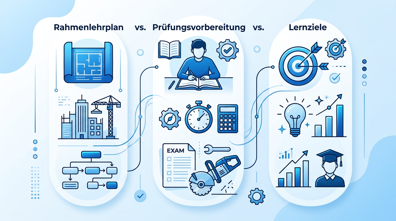 Junger Bauwerksmechaniker studiert konzentriert am Schreibtisch mit Rahmenlehrplan, Modell einer Betonsäge und Bauplänen, symbolisiert Prüfungsvorbereitung für Abbruch und Betontrenntechnik.
