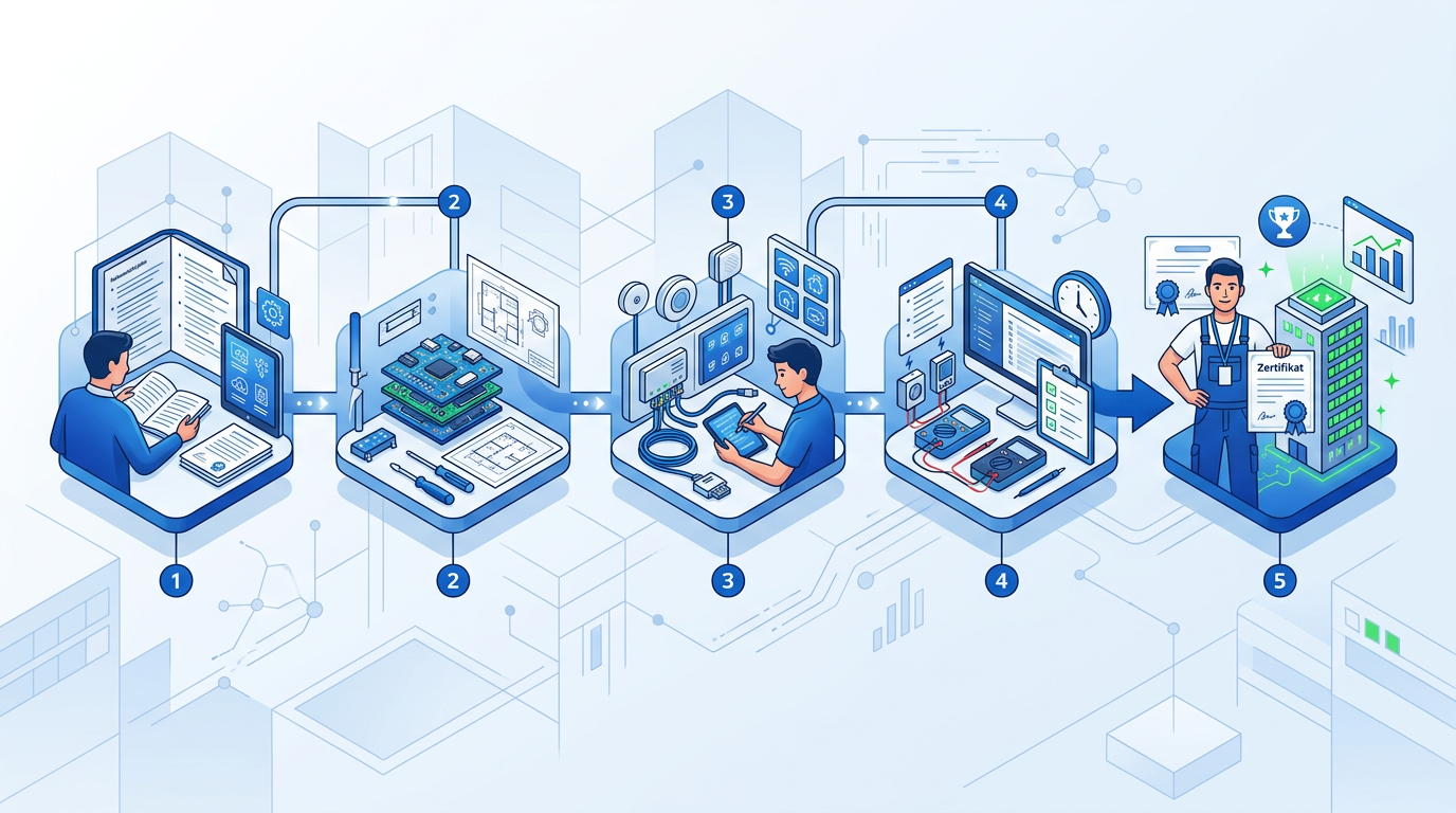 Junger Mann konzentriert beim Lernen für die Prüfung zum Elektroniker für Gebäudesystemintegration, umgeben von technischen Zeichnungen, Laptop und Smart-Home-Geräten, symbolisiert Prüfungsvorbereitung und Konzentration.