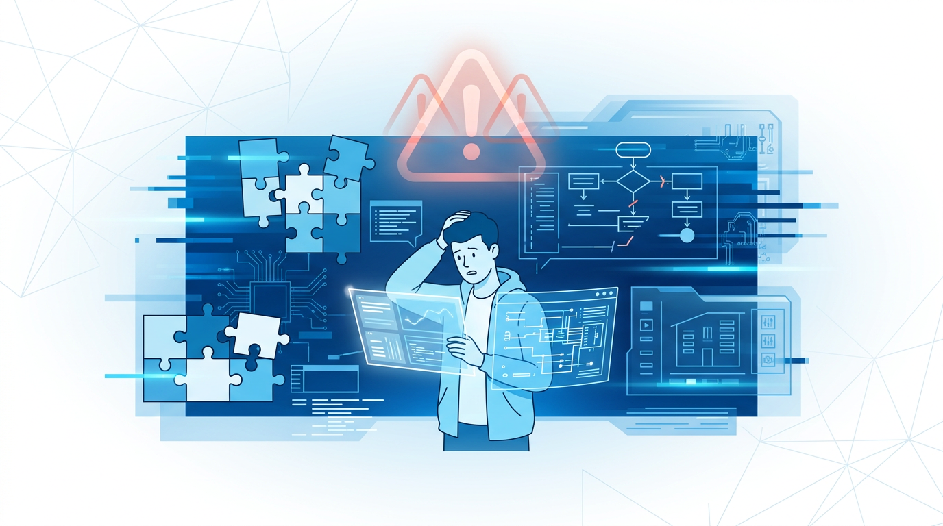 Junger Elektroniker lernt konzentriert für die Prüfung zum Gebäudesystemintegrator, umgeben von Schaltplänen und Smart-Home-Komponenten, die den Rahmenlehrplan und seine Inhalte widerspiegeln.