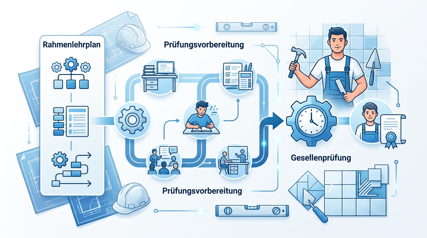 Junger Fliesenleger-Auszubildender studiert Bauplan und Fliesenmuster für die Prüfungsvorbereitung.