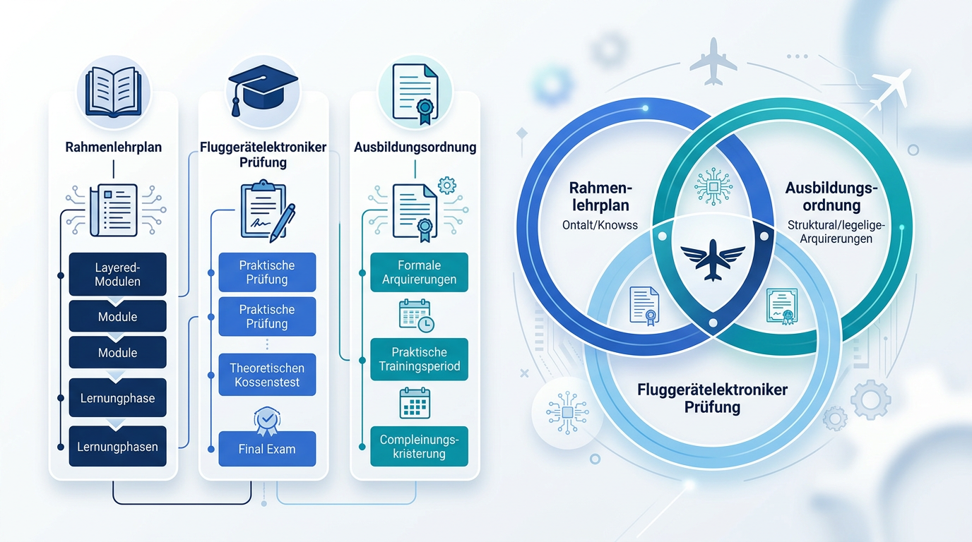 Fluggerätelektroniker studiert Schaltplan und Rahmenlehrplan zur Prüfungsvorbereitung an einem Flugzeugcockpit.