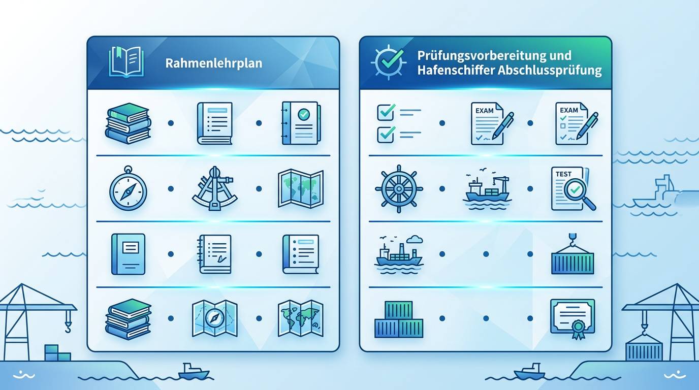 Junger Mann konzentriert im Rahmenlehrplan Hafenschiffer lesend, umgeben von Schifffahrtsdiagrammen und Büchern, zur Prüfungsvorbereitung.