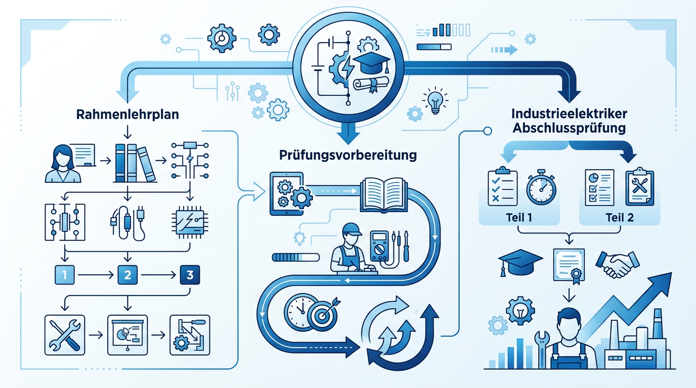 Industrieelektriker studiert Rahmenlehrplan, Prüfungsvorbereitung, Schaltpläne, Laptop, Prüfungserfolg.