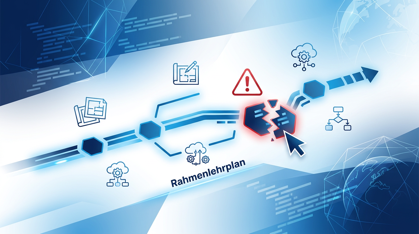 Eine konzentriert lernende Person vor einem digitalen Interface, das den Rahmenlehrplan für Kaufleute für Digitalisierungsmanagement visualisiert, für die Prüfungsvorbereitung.