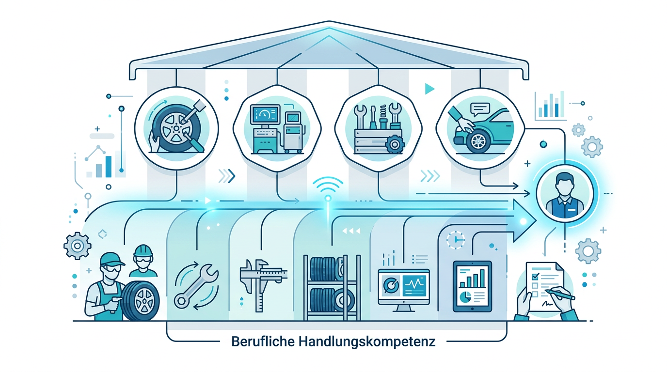 Junger Mechaniker, Reifen- und Vulkanisationstechnik, studiert konzentriert technischen Rahmenlehrplan, Prüfungsvorbereitung.