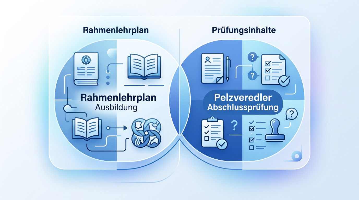 Junger Mann lernt für Pelzveredler-Prüfung, umgeben von Fellen, Chemikalien, Rahmenlehrplan, Werkstatt.