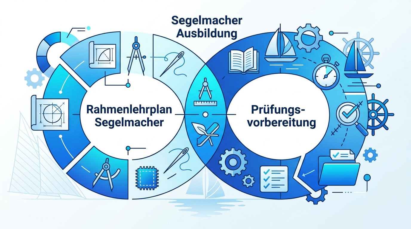 Segelmacher bei der Prüfungsvorbereitung, studiert den Rahmenlehrplan und vergleicht ihn mit praktischen Segelnähten