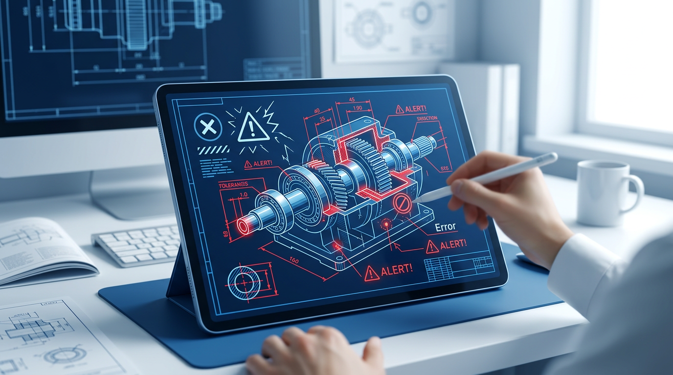 Junger technischer Produktdesigner-Student konzentriert sich auf Rahmenlehrplan, studiert Baupläne, CAD-Modell, Prüfungsvorbereitung.