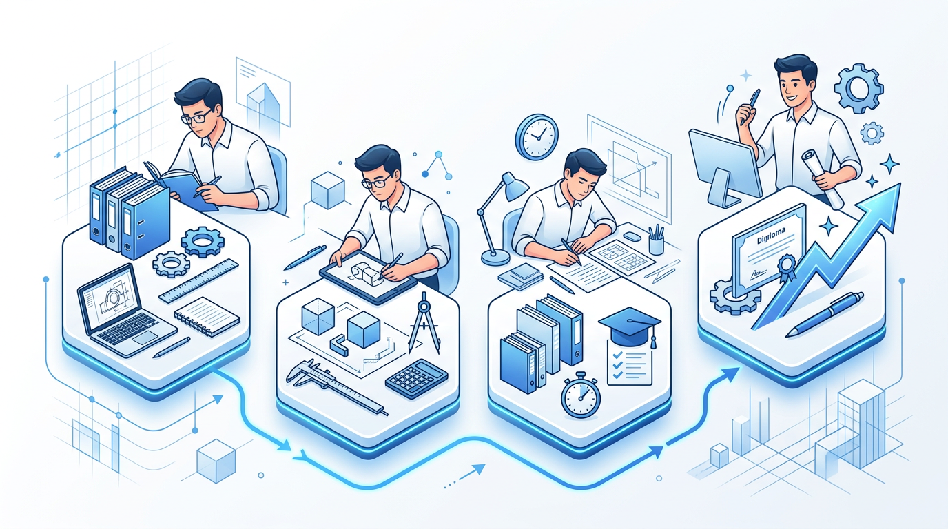 Junger technischer Produktdesigner-Student lernt für die Prüfung, umgeben von Büchern, 3D-Modellen, technischen Zeichnungen, Rahmenlehrplan, Prüfungsvorbereitung